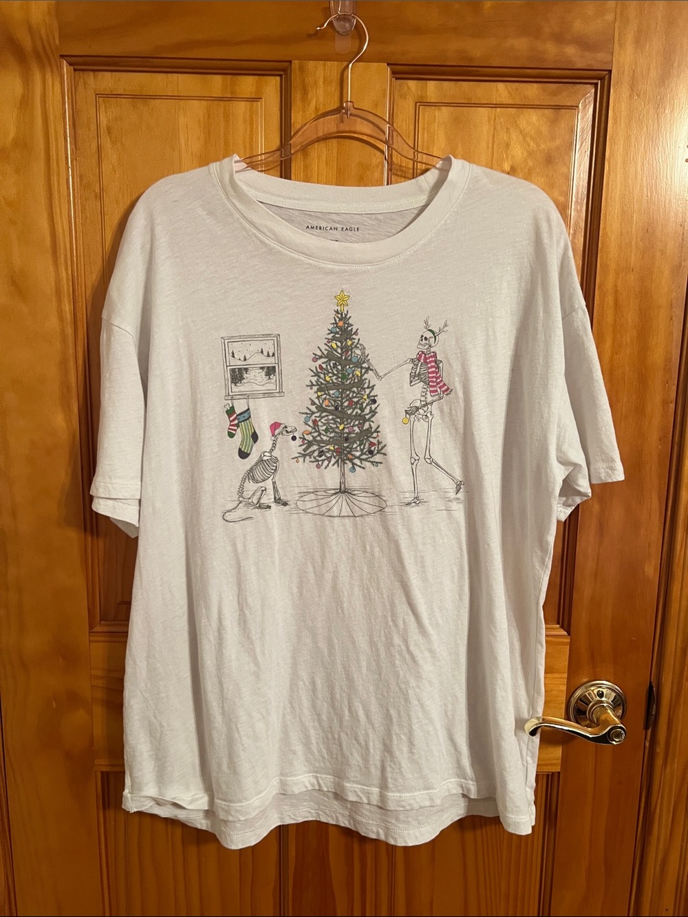 American Eagle Outfitters White Short Sleeve Holiday Skeleton Tee